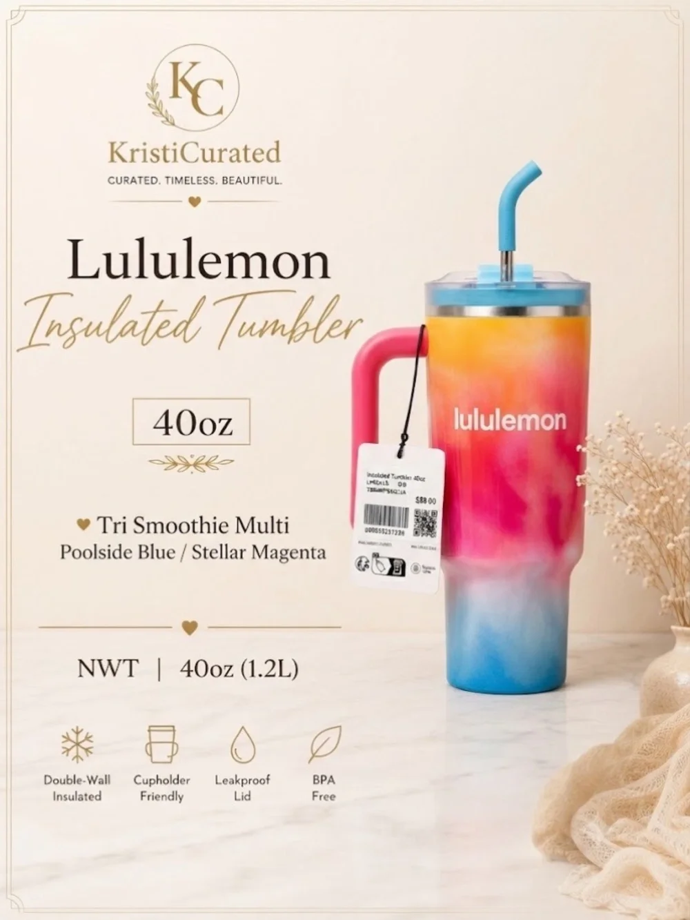 🩷💙 Lululemon 40oz Insulated Tumbler | Tri Smoothie Multi | NWT |